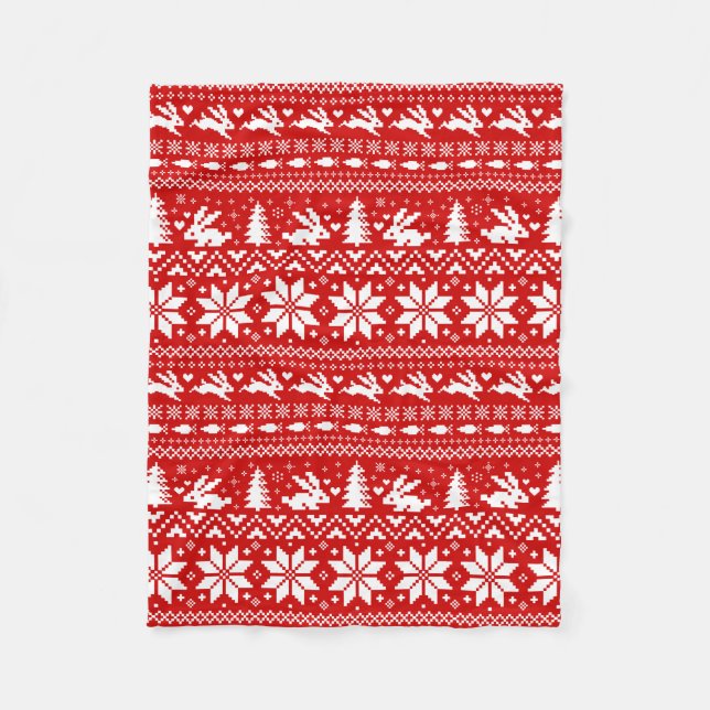 Cute Bunny Rabbits Red Christmas Holiday Pattern Fleece Blanket (Front)