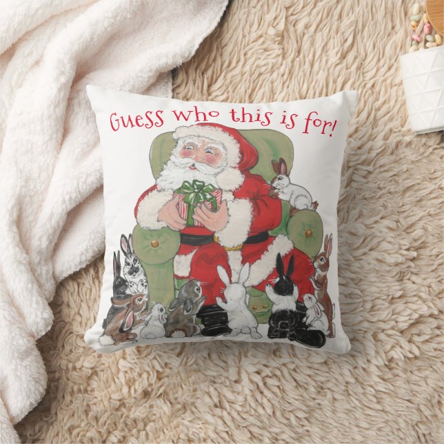 Cute Bunny Rabbits & Santa Christmas Decor Funny Throw Pillow (Blanket)