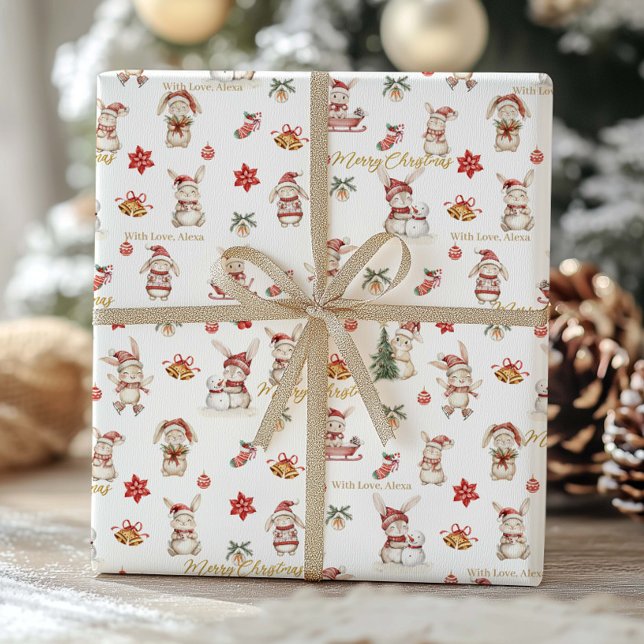 Cute Bunny Rabbits Winter Wonderland Personalized  Wrapping Paper (Creator Uploaded)