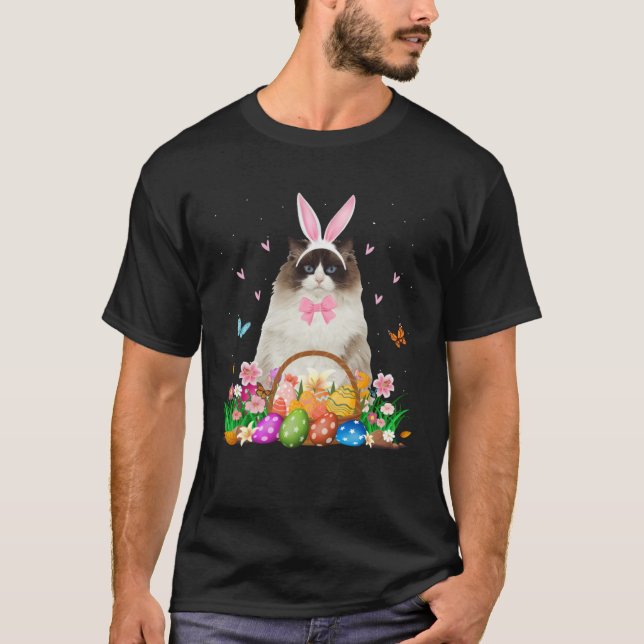 Cute Bunny Ragdoll Cat & Easter Egg Basket Easter  T-Shirt (Front)