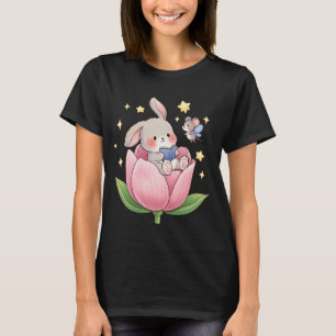 Cute Bunny Reading Book in Pink Flower with Fairy T-Shirt