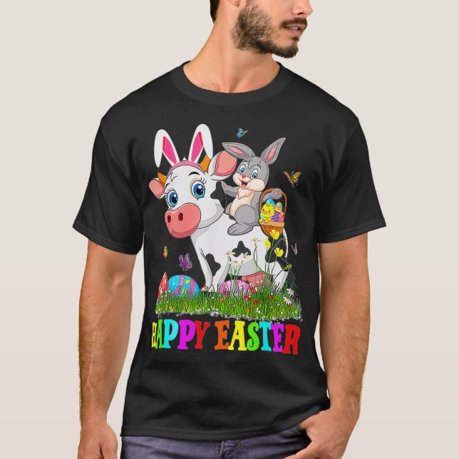 Cute Bunny Riding Cow Easter Egg Cute Rabbit Easte T-Shirt (Front)