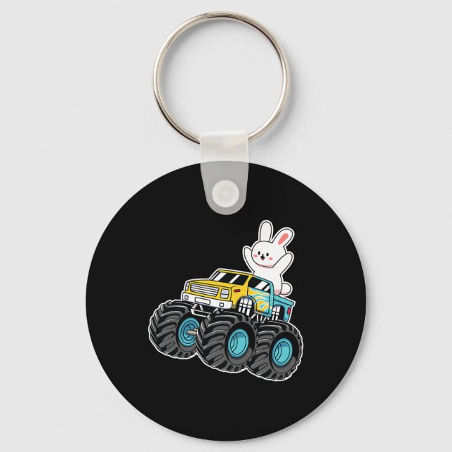 Cute Bunny Riding Monster Truck Easter Day Kids Gi Keychain (Front)