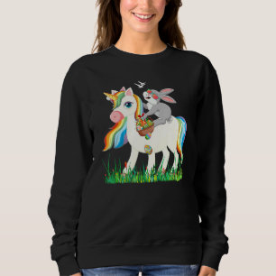 Cute Bunny Riding Unicorn Holding Egg Basket Easte Sweatshirt