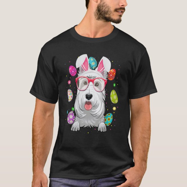Cute Bunny Scottish Terrier Dog Face Easter Eggs E T-Shirt (Front)