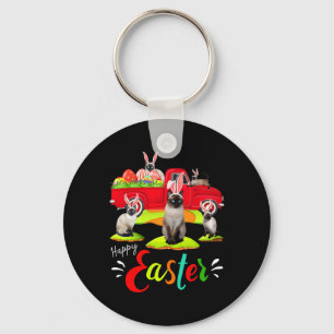 Cute Bunny Siamese Cats Riding Red Truck Happy Eas Keychain