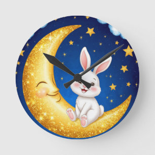 Cute Bunny Sitting on a Golden Crescent Moon Round Clock