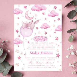 Cute Bunny & Star Baby Girl Islamic Aqiqa Aqeeqa  Invitation