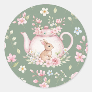 Cute Bunny Teapot Pink Floral Sage Green Spring Classic Round Sticker
