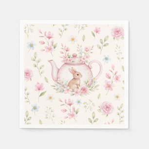 Cute Bunny Teapot Pink Floral Spring Napkin