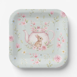 Cute Bunny Teapot Pink Floral Spring Paper Plate