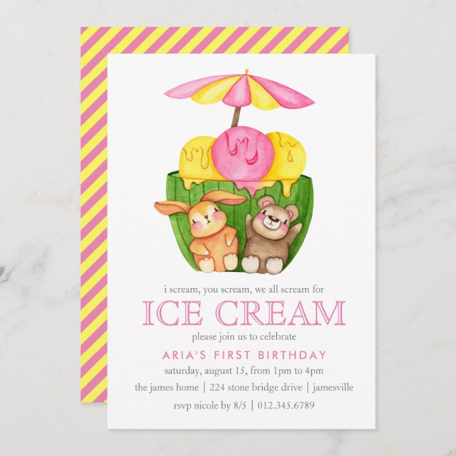 Cute Bunny Teddy Bear Ice Cream 1st Birthday Party Invitation (Front/Back)