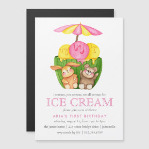 Cute Bunny Teddy Bear Ice Cream 1st Birthday Party Magnetic Invitation