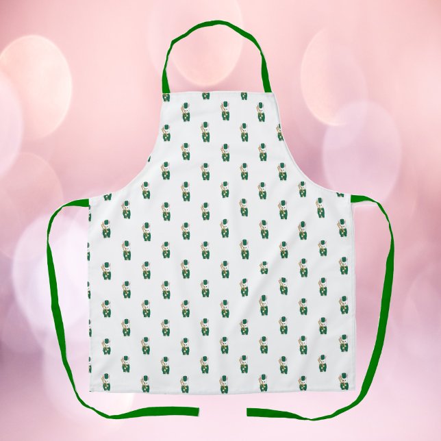 Cute Bunny Trombone Player Green Gold Apron (An apron with a pattern of trombone holding bunny rabbits dressed in green and gold.)