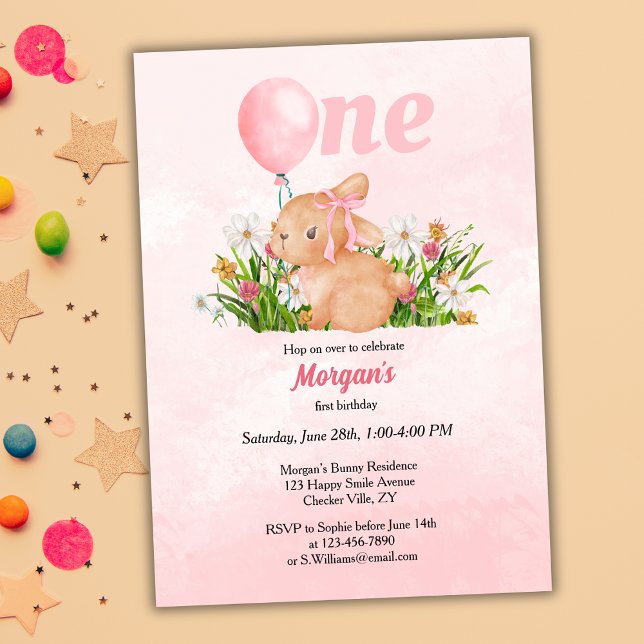 Cute Bunny Turns One Pink Girls 1st Birthday  Invitation (Creator Uploaded)