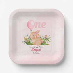 Cute Bunny Turns One Pink Girls 1st Birthday  Paper Plate