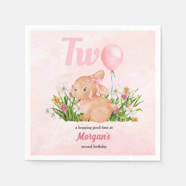 Cute Bunny Turns Two Pink Girls 2nd Birthday  Napkin (Front)