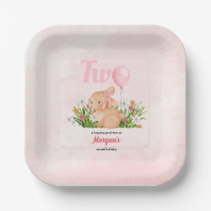 Cute Bunny Turns Two Pink Girls 2nd Birthday Paper Plate