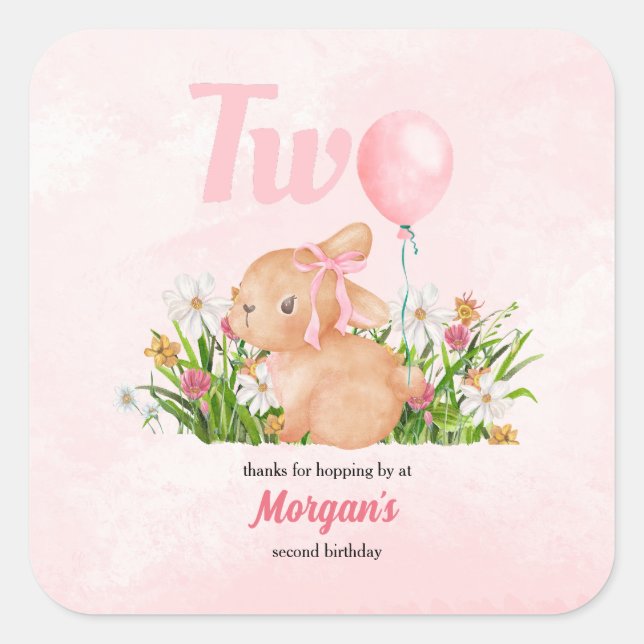 Cute Bunny Turns Two Pink Girls 2nd Birthday  Square Sticker (Front)