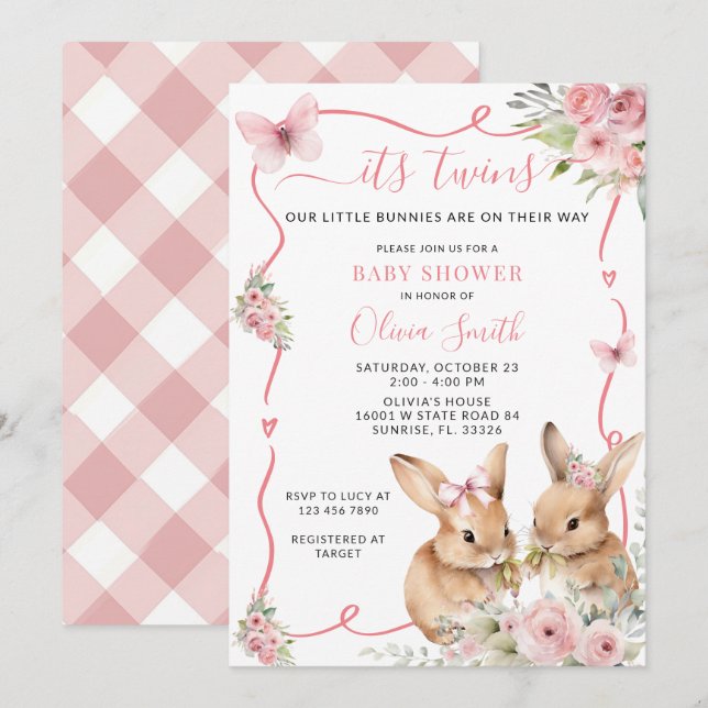 Cute Bunny Twins Baby shower Girl Invitation (Devant / Derrière)