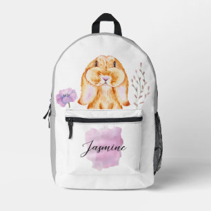 CUTE BUNNY VIOLET FLOWERS GREY WHITE CUSTOM NAME PRINTED BACKPACK