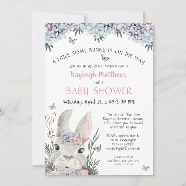 Cute Bunny Watercolor Floral Pink Baby Shower Invitation (Front)