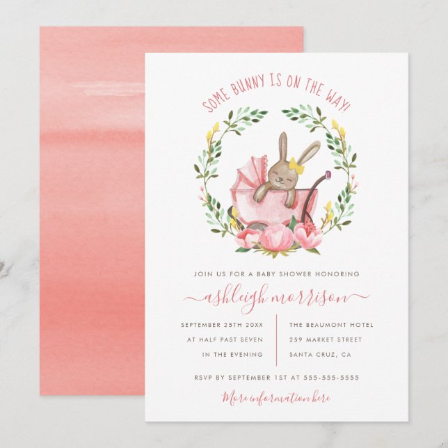Cute Bunny & Watercolor Flowers Girl Baby Shower Invitation (Front/Back)
