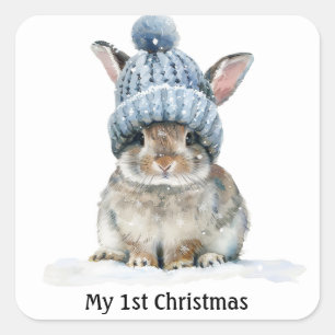 cute bunny wearing a winter hat, customizable square sticker