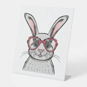 Cute Bunny Wears pink glasses Easter Pedestal Sign