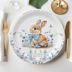 Cute Bunny Wildflowers Baby Shower Boy Paper Plate