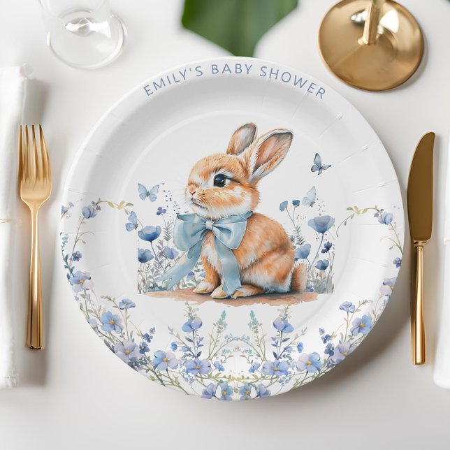 Cute Bunny Wildflowers Baby Shower Boy Paper Plate (Creator Uploaded)