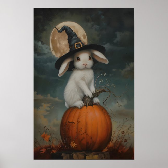Cute Bunny Witch on Pumpkin Art Printable Poster (Front)