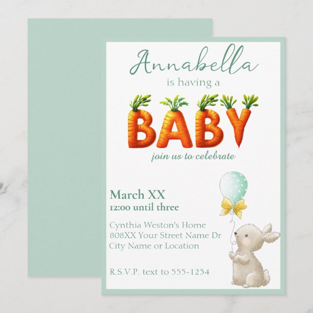 Cute Bunny with Balloon and Carrots Baby Shower Invitation (Front/Back)