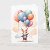 Cute Bunny with Balloons Watercolor Blank Greeting