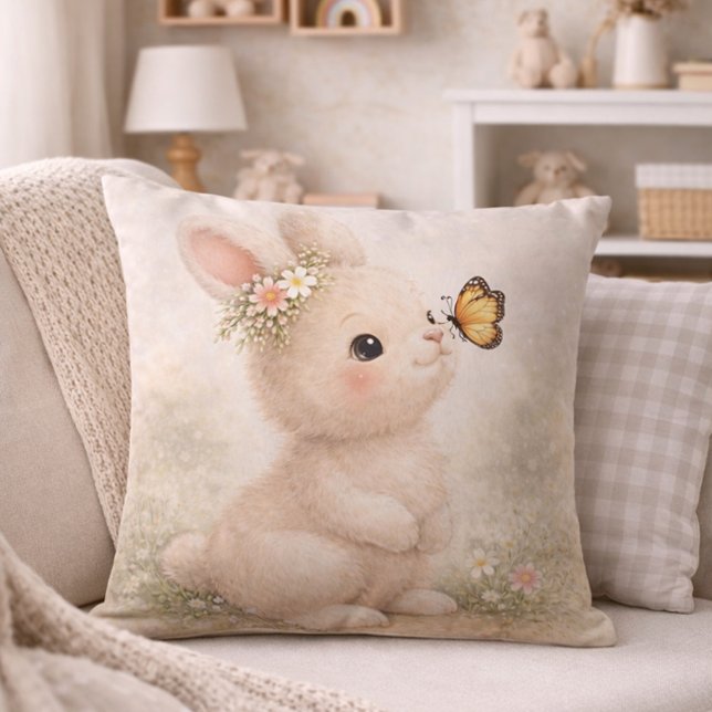 Cute Bunny With Butterfly Neutral Nursery  Throw Pillow (Creator Uploaded)