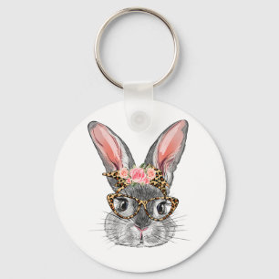 Cute Bunny With Byndana Gles Leopard Flowers Easte Keychain