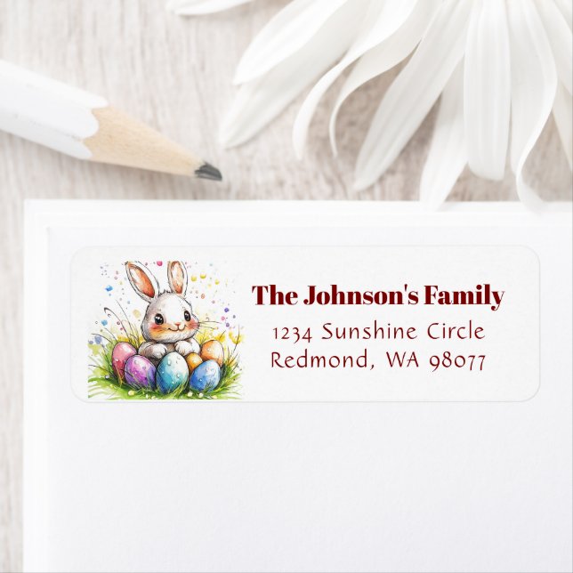 Cute bunny with colourful eggs address (Insitu)