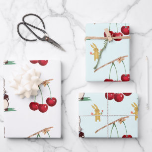 Cute Bunny with flowers and Cherries Wrapping Paper Sheet