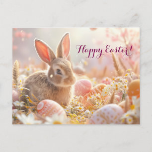 cute bunny with flowers and eggs in flowers  holiday postcard