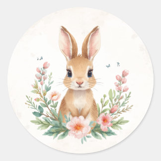 Cute Bunny with Flowers Round Sticker | Pink Sprin