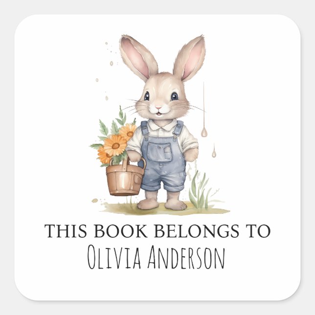 Cute Bunny with Flowers This Book Belongs Square Sticker (Front)