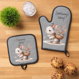 Cute Bunny with Flowers Watercolor Art Oven Mitt & Pot Holder Set