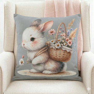 Cute Bunny with Flowers Watercolor Art Throw Pillow