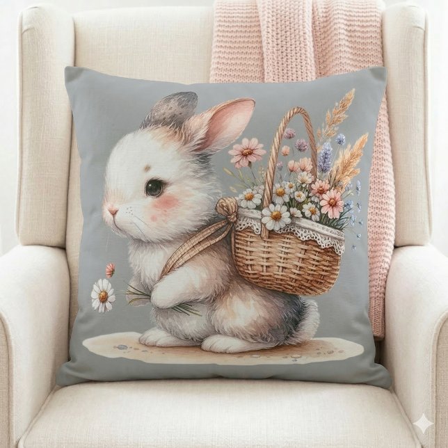 Cute Bunny with Flowers Watercolor Art Throw Pillow (Cute Bunny with Flowers Watercolor Art Throw Pillow Mockup A)