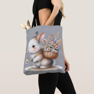 Cute Bunny with Flowers Watercolor Art Tote Bag