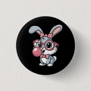 Cute Bunny with Glasses Blowing Bubble Gum 1 Inch Round Button