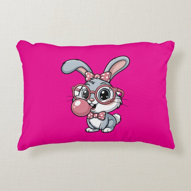 Cute Bunny with Glasses Blowing Bubble Gum Accent Pillow (Front)
