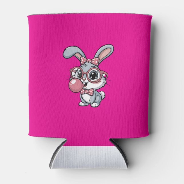 Cute Bunny with Glasses Blowing Bubble Gum Can Cooler (Front)