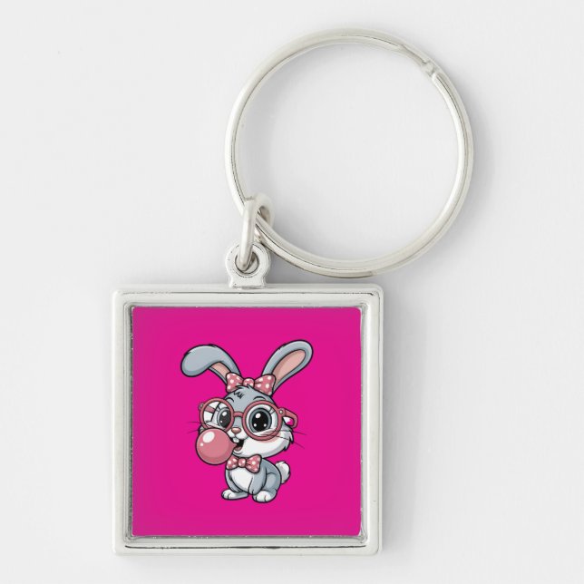 Cute Bunny with Glasses Blowing Bubble Gum Keychain (Front)