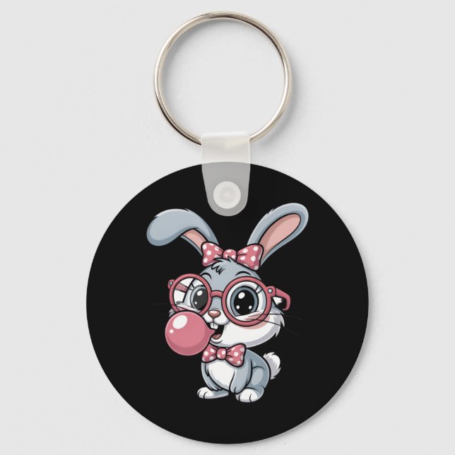 Cute Bunny with Glasses Blowing Bubble Gum Keychain (Front)